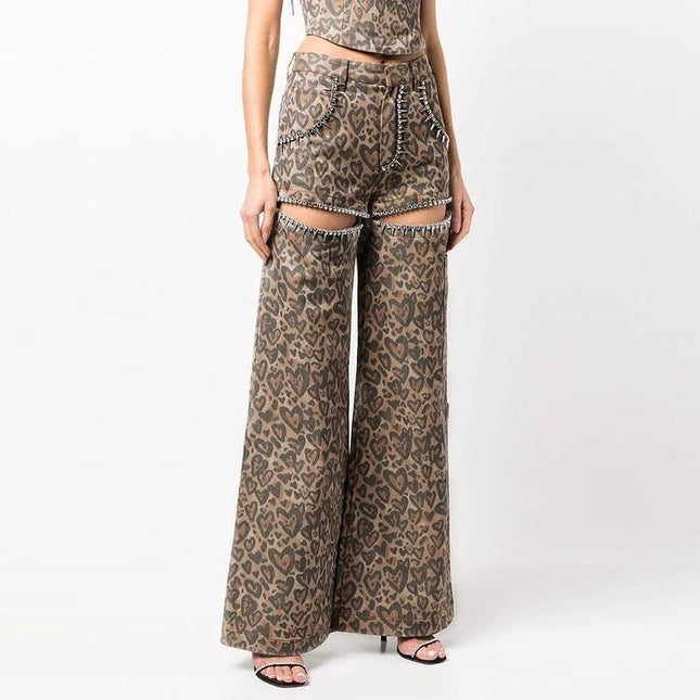 Pantalon en jean taille haute à imprimé léopard et patchwork