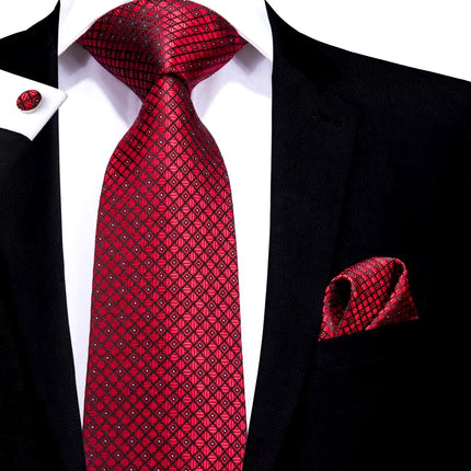 Elegante corbata de seda a cuadros rojos con gemelos y pañuelo