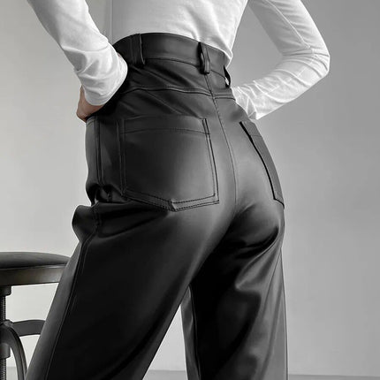 Pantalones elegantes de piel sintética con pierna ancha para mujer