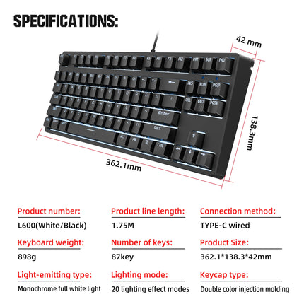 Clavier mécanique filaire à 87 touches avec touches ABS, commutateurs rouges silencieux échangeables à chaud et rétroéclairage blanc pour le bureau et les jeux