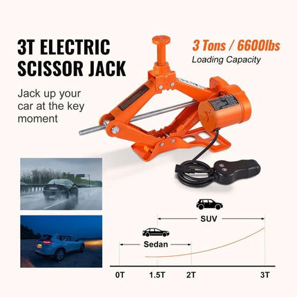 Portable 12V Electric Scissor Jack 3 Ton/6600 lbs for SUV & Sedan Tire Change - Wnkrs