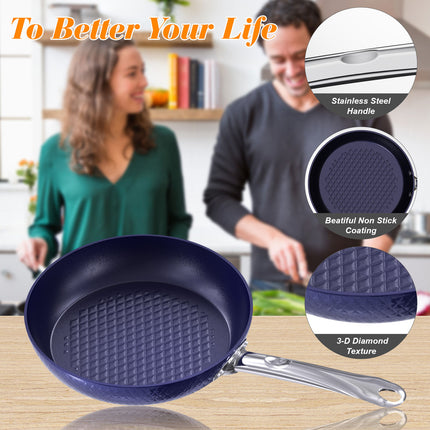 Frying Pan Sets Non Stick 3Pieces Blue 3D Diamond Cookware - Wnkrs