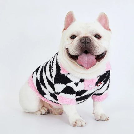 Suéter polar de invierno para perros: jersey cálido y grueso con estampado de rombos en blanco y negro