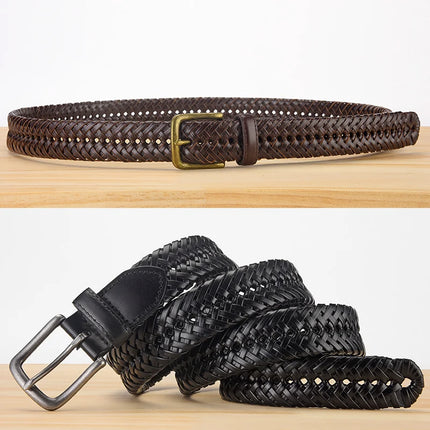 Ceinture tressée en cuir véritable pour homme – Sangle tricotée vintage, sans trous, haute qualité