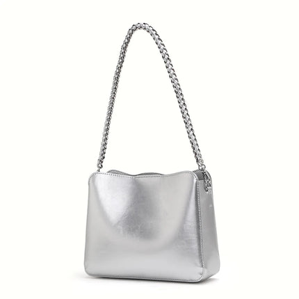 Elegante bolso de hombro con cadena: bolso cuadrado de piel de vaca para debajo del brazo