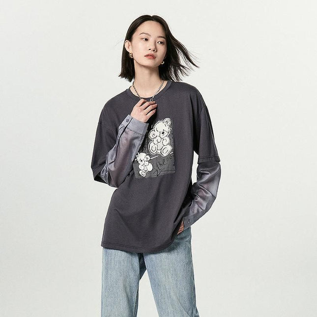 Camiseta de algodón de manga larga bordada con estampado de oso otoñal