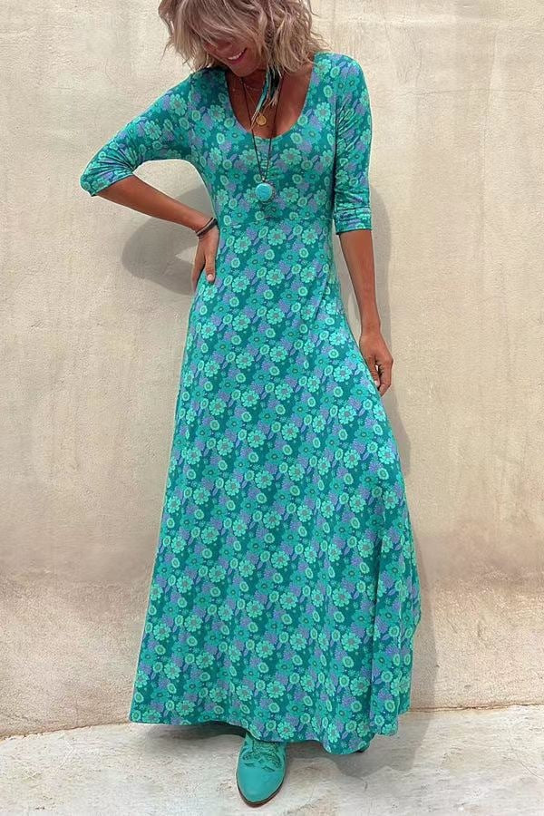 Robe à imprimé floral à manches longues pour femme de grande taille avec grande évasement