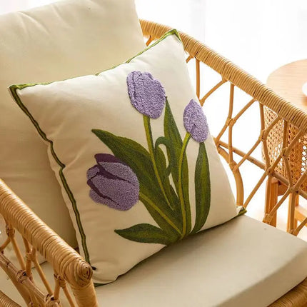 Housse de coussin brodée de fleurs de tulipe et d'orchidée