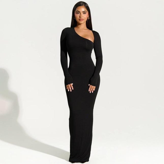 Robe longue sexy noire à fente asymétrique