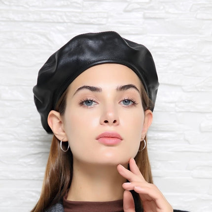 Béret rétro en cuir véritable pour femme