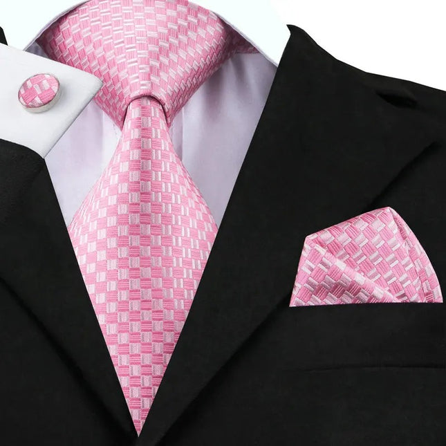 Pink and White Plaid Silk Tie Set – Men's Formal Wedding Tie, Hanky, Cufflinks