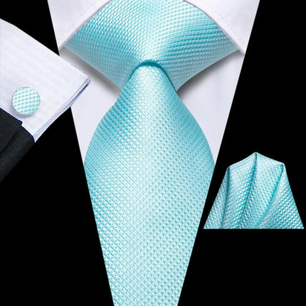 Conjunto de corbata de seda a cuadros azul pavo real de lujo para hombre con gemelos y pañuelo de bolsillo