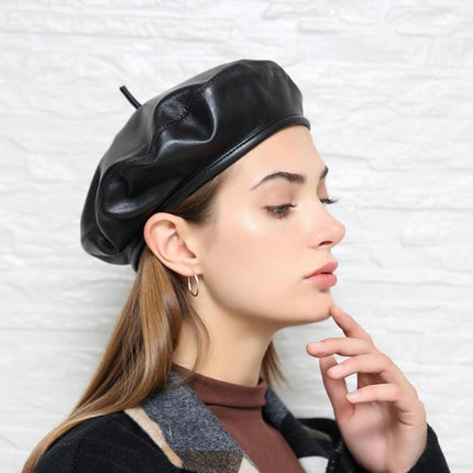 Béret rétro en cuir véritable pour femme