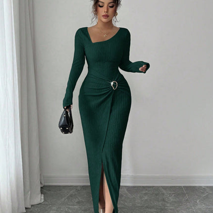 Autumn And Winter Irregular Neckline Solid Color Knitted Texture Long Dress For Women