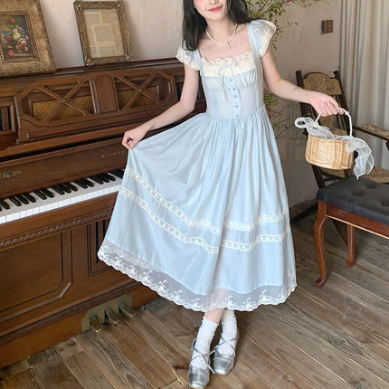 Lace Bow Blue Long Dress Female