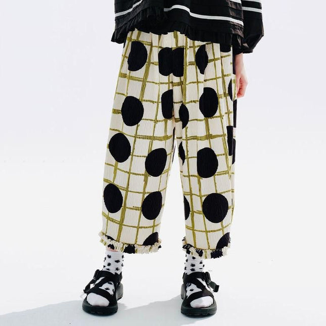 Pantalon large à taille élastique à carreaux verts et à pois noirs pour femme