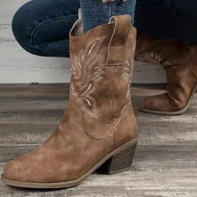 Bottes d'hiver ethniques à bout pointu et talon compensé, brodées, style western, pour femmes
