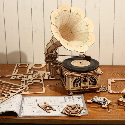 DIY Hand Crank Classic Gramophone Wooden Puzzle Model Kit - Wnkrs