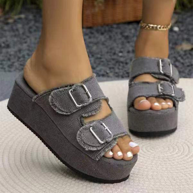 Sandales compensées à boucle en denim à la mode, pantoufles d'été à talons hauts pour l'extérieur, chaussures à semelle épaisse pour femmes
