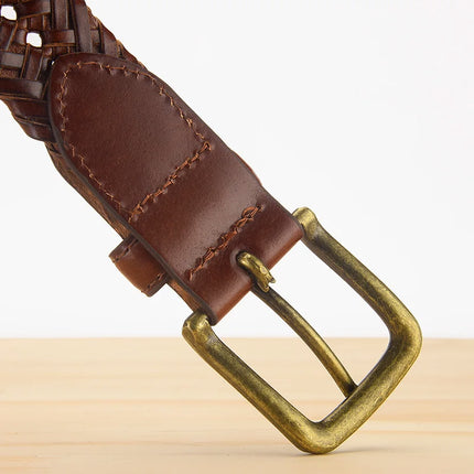 Ceinture tressée en cuir véritable pour homme – Sangle tricotée vintage, sans trous, haute qualité