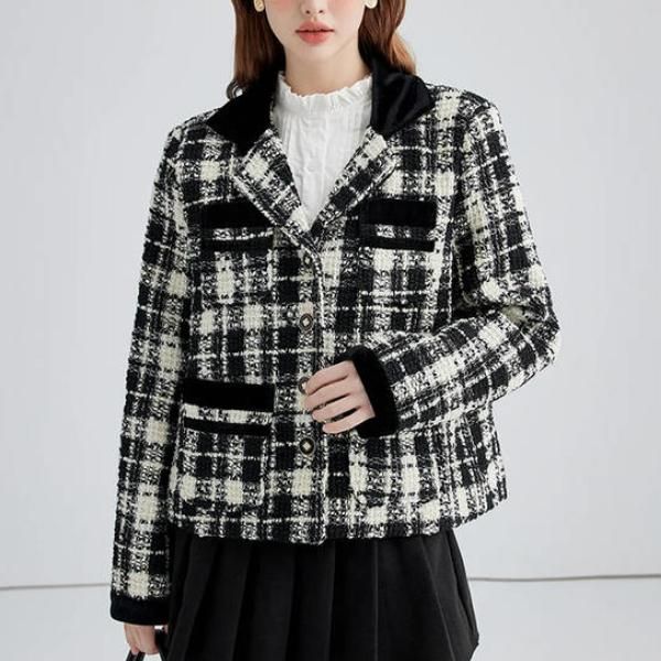 Veste courte en laine contrastée à carreaux chic pour femme