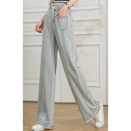 Pantalon d'été en denim taille haute à jambe large et rétro pour femme