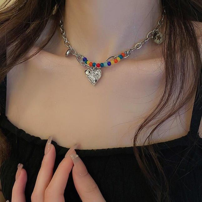 Chic Double Layer Pearl and Metal Necklace with Colorful Love Pendant - Wnkrs