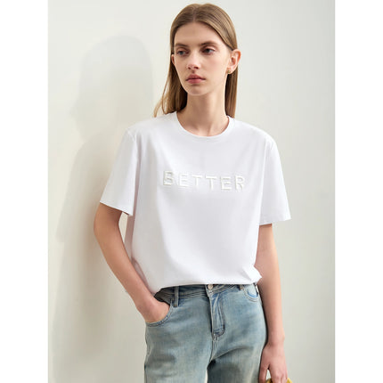 T-shirt minimaliste en coton brodé à manches courtes pour femme