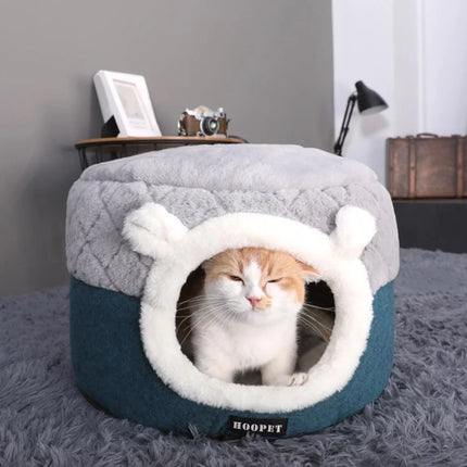 Cómoda cama y casa de felpa convertible para gatos y perros pequeños