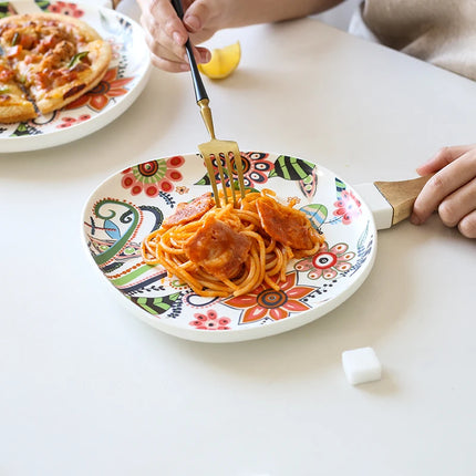 Assiettes à dîner en céramique nordique élégantes avec manche en bois