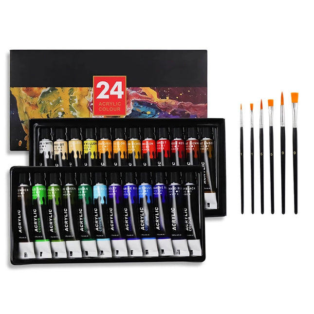 Juego de pintura acrílica profesional: tubos de 12 ml en 24 colores vibrantes con juego de pinceles