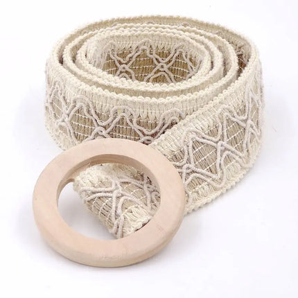 Ceinture en dentelle crochetée style bohème avec boucle en bois