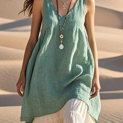 Fashion Sleeveless Cotton Linen Solid Color And V-neck Beach Dress