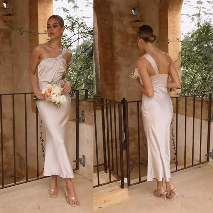 Champagne Colored Satin Covered Simple Dress