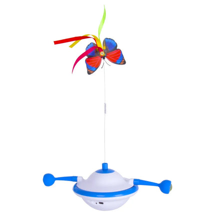 Juguete interactivo 3 en 1 con forma de OVNI para gatos con pluma, mariposa y luz LED