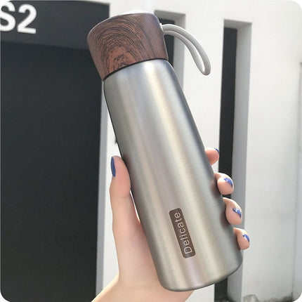 Portable Water Cup Student Creative Wood Grain Lid Handle Thermos - Wnkrs