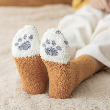 Calcetines de mujer de vellón con diseño de pata de gato kawaii para otoño e invierno