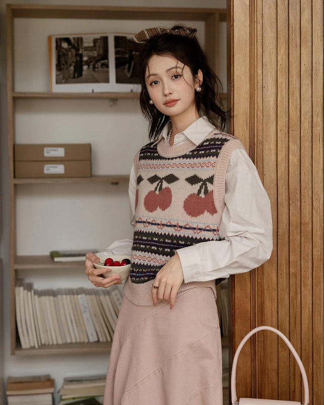 Chaleco tipo suéter sin mangas de punto con estampado de cerezas estilo vintage