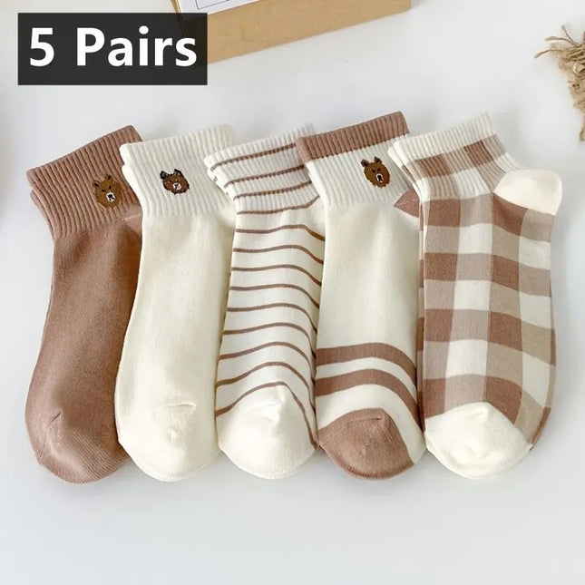 Lot de 5 paires de chaussettes mignonnes à la cheville en forme d'ours en peluche - Chaussettes courtes confortables