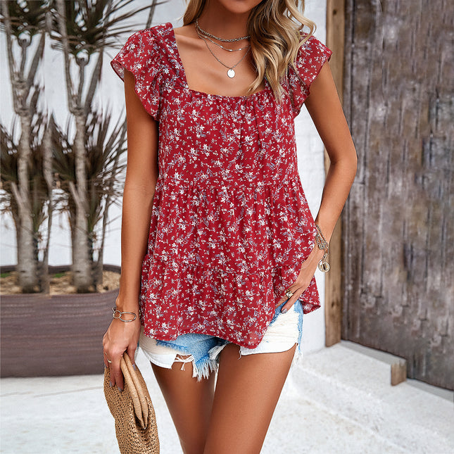 Summer Floral Square Neck Ruffled Top