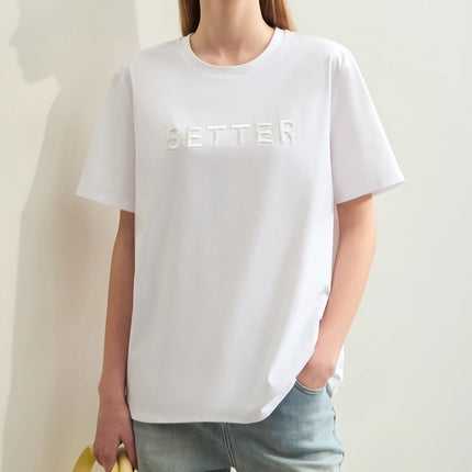 T-shirt minimaliste en coton brodé à manches courtes pour femme