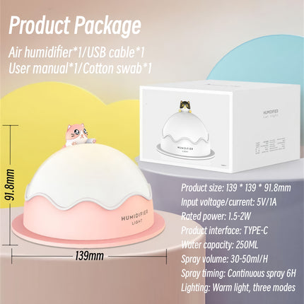 Humidificateur à ultrasons à brume fraîche et diffuseur d'arômes avec veilleuse pour chat mignon