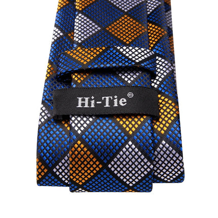 Conjunto de corbata de seda a cuadros azul y dorado para hombre