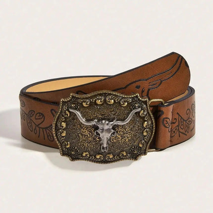 Ceinture en cuir PU imprimé avec boucle de cowboy western vintage