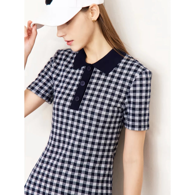 Robe slim à col polo en damier