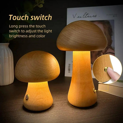 Charming Touch-Control LED Mushroom Night Light - Wooden Bedside Lamp with USB Charging - Wnkrs