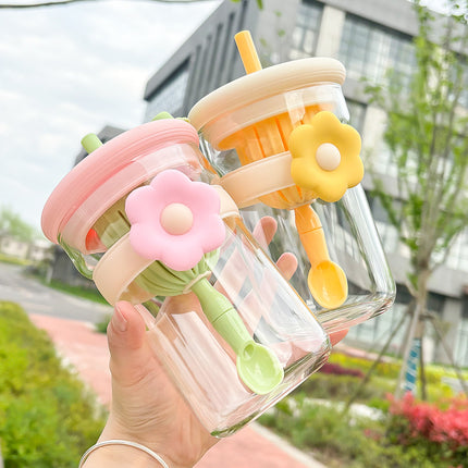 Vaso de cristal con forma de flor, tapa, pajita e infusor