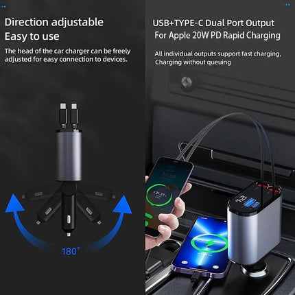 High-Speed 4-in-1 Retractable Car Charger with Dual USB, Type-C & Lightning Cables - Wnkrs