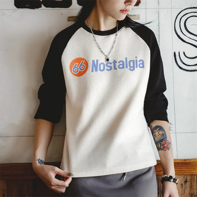 Blusa de manga larga con diseño de gofres y mangas raglán con contraste retro para mujer