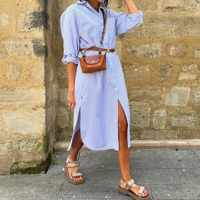 Vestido de largo medio con estampado de rayas de moda para mujer